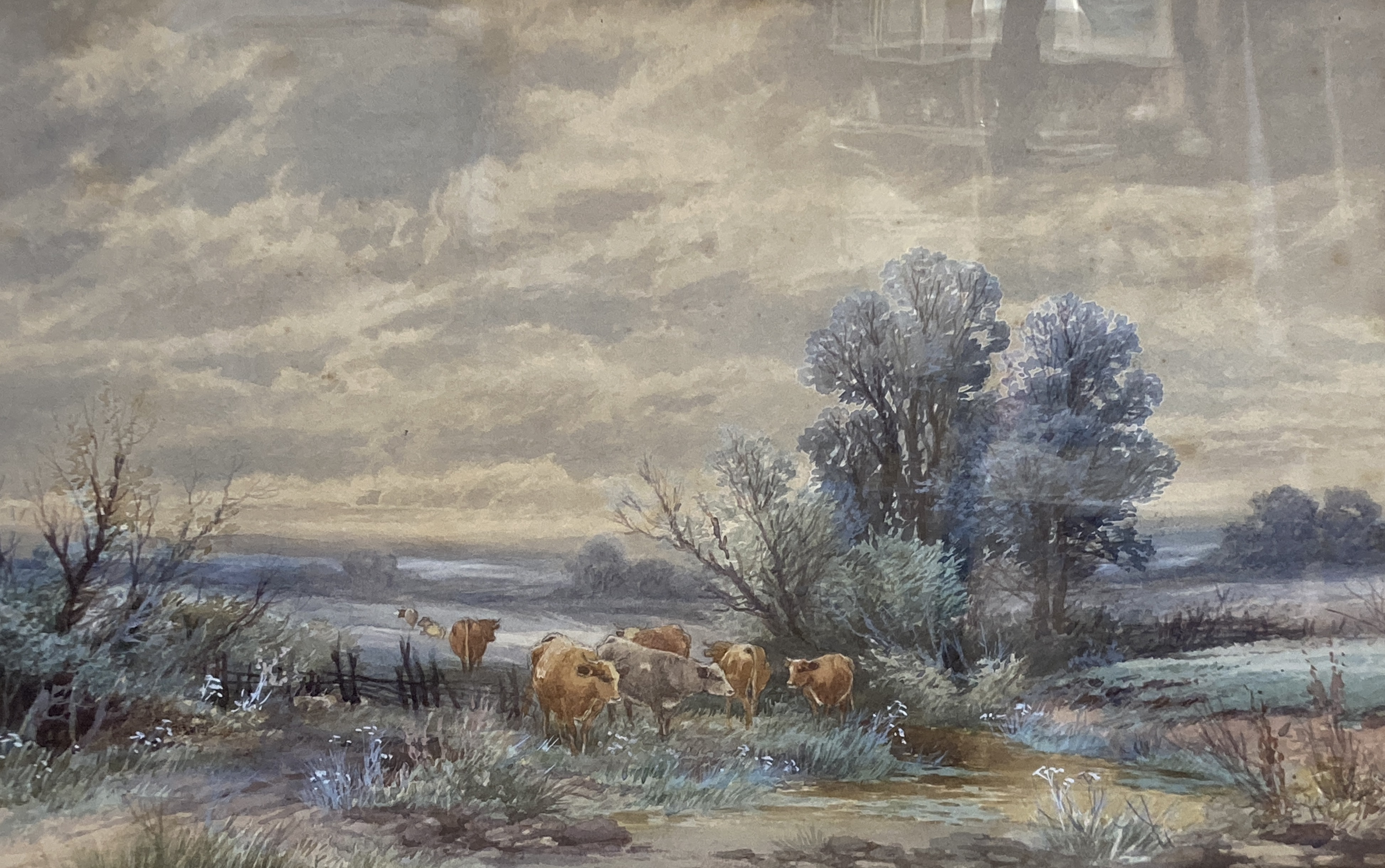 Tom Rowden, pair of watercolours, Cattle in landscapes, signed, 36 x 54cm and a watercolour of a barge by Sophie D'Ouseley, 30 x 43cm